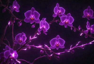 The primary subject of the image is a purple orchid flower. The setting is a dark room, and the visual style appears to be a digital art or illustration. The dominant colors in the image are purple and pink, creating a serene and calming atmosphere.