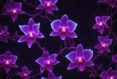 The primary subject of the image is a group of purple orchids. They are arranged in a branch-like structure, with some of the flowers appearing to be lit up. The setting is a dark background, which contrasts with the vibrant purple flowers. The visual style is a combination of a photo and digital art, creating a unique and eye-catching display. The colors and mood of the image are predominantly purple, giving it a serene and elegant atmosphere.