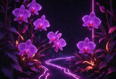The primary subject of the image is a purple orchid flower. The setting is a dark, purple-lit environment, which creates a moody and dramatic atmosphere. The visual style is a digital art or illustration, as the flower is depicted in a stylized manner. The dominant colors are purple and pink, with the purple orchid being the focal point of the scene.