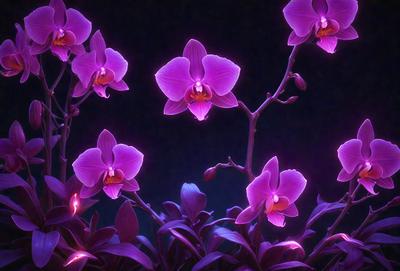 The primary subject of the image is a purple orchid flower. The setting is a dark background, which creates a dramatic and moody atmosphere. The visual style is a digital art or illustration, as the flower appears to be glowing in the dark. The dominant colors are purple and pink, with the orchid being the main focus of the image.