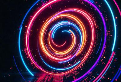 The primary subject of the image is a brightly colored, swirling, and spiraling pattern. The setting is a dark background, which contrasts with the vibrant colors of the pattern. The visual style appears to be a digital art or illustration, as the colors and swirls are intricately detailed. The dominant colors are pink, blue, and yellow, creating a lively and energetic atmosphere.