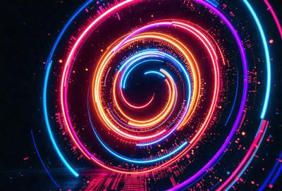 The primary subject of the image is a brightly colored, swirling, and spiraling pattern. The setting is a dark background, which contrasts with the vibrant colors of the pattern. The visual style appears to be a digital art or illustration, as the colors and swirls are intricately detailed. The dominant colors are pink, blue, and yellow, creating a lively and energetic atmosphere.