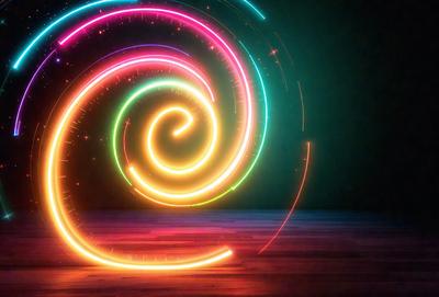 The primary subject of the image is a spiral-shaped light display, which appears to be a neon or glowing art piece. The setting is a dark room, and the visual style is a digital art or illustration. The colors and mood of the image are predominantly neon and vibrant, creating a lively and energetic atmosphere.