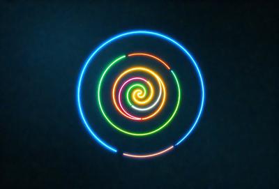 The primary subject of the image is a neon spiral, which is a brightly colored, swirling pattern. The spiral is located in a dark, blue-toned environment, which contrasts with the vibrant colors of the spiral. The visual style of the image is a combination of digital art and illustration, as the spiral is created using a computer-generated design. The colors and mood of the image are energetic and dynamic, with the spiral's vivid colors and the dark