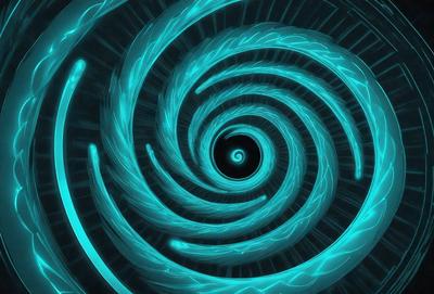 The primary subject of the image is a spiral pattern, which is a blue and white swirl. The setting is a dark background, which contrasts with the spiral pattern. The visual style is a digital art or illustration, as the spiral pattern appears to be a part of a larger design. The colors and mood of the image are predominantly blue and white, creating a sense of depth and complexity.
