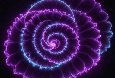 The primary subject of the image is a purple spiral, which appears to be a digital art or illustration. The spiral is set against a dark background, creating a striking contrast. The visual style of the image suggests that it is a creative and artistic representation of a spiral, possibly inspired by the Fibonacci sequence or other spiral patterns. The dominant colors in the image are purple and blue, giving the spiral a vibrant and luminous appearance.
