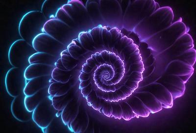 The primary subject of the image is a purple spiral, which appears to be a flower or a pattern. The setting is a dark background, which contrasts with the purple spiral. The visual style is a combination of a photo and digital art, creating a unique and eye-catching image. The dominant colors are purple and blue, giving the image a calming and serene atmosphere.