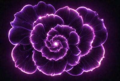 The primary subject of the image is a purple flower with a spiral pattern. The setting is a dark background, which emphasizes the vibrant purple color of the flower. The visual style is a combination of a photo and digital art, creating a unique and eye-catching image. The dominant colors are purple and black, giving the image a bold and striking appearance.