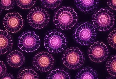 The primary subject of the image is a pattern of purple flowers, which are the main objects in the scene. The setting is a purple background, which creates a visually striking contrast with the flowers. The visual style of the image is a combination of photo and digital art, as it appears to be a close-up of the flowers against a purple background. The colors and mood of the image are predominantly purple, giving it a calm and serene atmosphere.