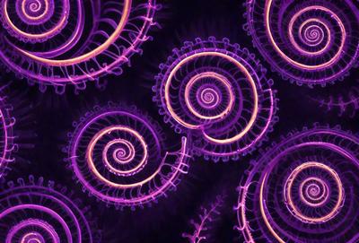 The primary subject of the image is a purple spiral pattern. The setting is a purple background, which creates a visually striking contrast with the spiral pattern. The visual style appears to be a combination of digital art and illustration, as the spiral pattern is intricately detailed and the overall atmosphere is vibrant and lively. The dominant colors in the image are purple and yellow, which contribute to the spiral pattern's unique and captivating appearance.