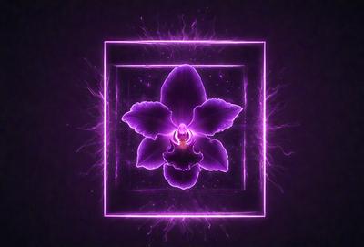 The primary subject of the image is a purple flower with a pink center, which is the focal point of the image. The setting is a square, and the visual style appears to be a digital art or illustration. The dominant colors in the image are purple and pink, creating a calm and serene atmosphere.