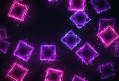 The primary subject of the image is a collection of purple and pink squares arranged in a pattern. The setting is a dark background, which contrasts with the vibrant colors of the squares. The visual style appears to be a digital art or illustration, as the squares are arranged in a visually appealing manner. The dominant colors in the image are purple and pink, creating a lively and energetic atmosphere.