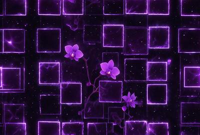 The primary subject of the image is a purple flower with a long stem, which is placed in a square-shaped purple box. The setting is a purple background, and the visual style appears to be a digital art or illustration. The dominant colors in the image are purple and black, creating a moody and artistic atmosphere.