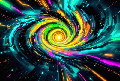 The primary subject of the image is a spiral or vortex, which is a central element in the scene. The spiral is surrounded by a vibrant and colorful background, which includes a mix of blue, green, yellow, and orange hues. The visual style of the image is a combination of digital art and illustration, creating a dynamic and engaging atmosphere. The colors and mood of the image are lively and energetic, with the spiral and its surroundings evoking a sense of movement and