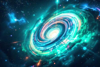The primary subject of the image is a vibrant, colorful spiral or vortex, which appears to be a part of a larger, more complex structure. The spiral is surrounded by a backdrop of a bright, colorful sky, which adds to the overall visual appeal of the scene. The image is a digital art or illustration, showcasing the artist's creativity and skill in crafting a visually striking composition. The dominant colors in the image are green, blue, and orange, creating a lively