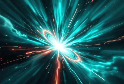 The primary subject of the image is a brightly colored, swirling, and dynamic space scene. The setting is a black background, which contrasts with the vibrant colors of the space. The visual style is a combination of digital art and illustration, creating a dynamic and engaging atmosphere. The colors and mood of the image are predominantly blue and green, giving the scene a sense of energy and movement.
