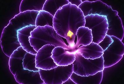 The primary subject of the image is a purple flower with a yellow center. The flower is the focal point of the scene, and it is set against a purple background. The visual style of the image is a combination of photo and digital art, creating a unique and eye-catching display. The dominant colors in the image are purple and yellow, giving the scene a vibrant and lively atmosphere.