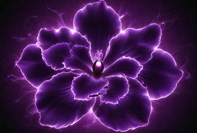 The primary subject of the image is a purple flower with a ring in the center. The setting is a dark background, which adds to the overall mood of the image. The visual style appears to be a combination of a photo and digital art, creating a unique and eye-catching display. The dominant colors are purple and a mix of other colors, giving the image a vibrant and lively atmosphere.
