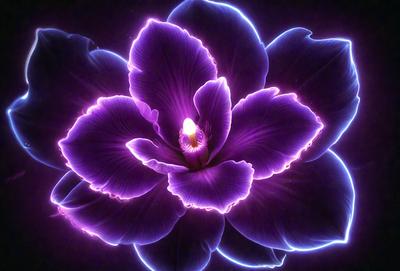 The primary subject of the image is a purple flower with a yellow center. The flower is the focal point of the image, and it is set against a dark background. The visual style of the image is a combination of photo and digital art, creating a unique and eye-catching display. The dominant colors in the image are purple and yellow, which evoke a sense of beauty and vibrancy.