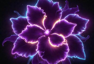 The primary subject of the image is a purple flower with a yellow center. The flower is the focal point of the image, and it is set against a dark background. The visual style of the image is a combination of photo and digital art, creating a unique and eye-catching display. The dominant colors in the image are purple and yellow, which create a vibrant and lively atmosphere.