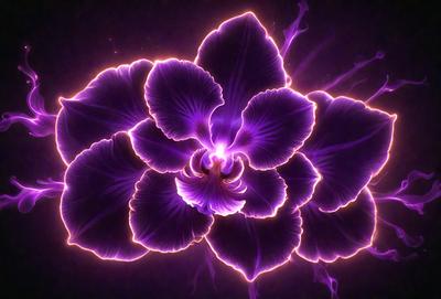 The primary subject of the image is a purple flower with a yellow center. The flower is the focal point of the image, and it is set against a dark background. The visual style of the image is a close-up of the flower, which is captured in a photo. The dominant colors in the image are purple and yellow, creating a vibrant and lively atmosphere.
