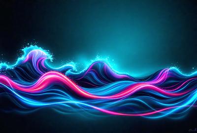 The primary subject of the image is a wave, which is the main object, scene, or focus of the image. The wave is depicted in a digital art style, with a blue background and a pink and blue color scheme. The setting is a dark background, which contrasts with the bright colors of the wave. The visual style is a combination of digital art and illustration, creating a unique and eye-catching representation of the wave.