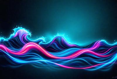 The primary subject of the image is a wave, which is the main object, scene, or focus of the image. The wave is depicted in a digital art style, with a blue background and a pink and blue color scheme. The setting is a dark background, which adds to the overall atmosphere of the image.