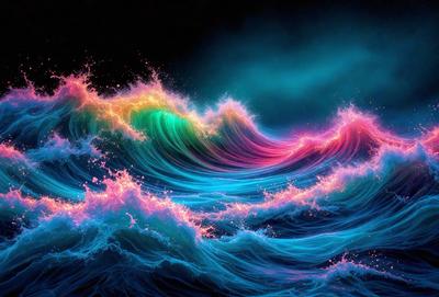 The primary subject of the image is a large, colorful wave. The wave is blue, green, and purple, creating a vibrant and lively atmosphere. The setting is a dark, blue ocean, which contrasts with the bright colors of the wave. The visual style of the image is a combination of photo and digital art, as it captures the dynamic nature of the wave while also showcasing the artist's creativity in color and design. The overall mood of the image is energetic and captiv