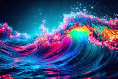 The primary subject of the image is a colorful, rainbow-colored wave. The wave is the main focus of the image, and it is set against a dark blue background. The visual style of the image is digital art, as it appears to be a computer-generated or digitally edited image. The dominant colors in the image are the vibrant hues of the rainbow, creating a lively and energetic atmosphere.