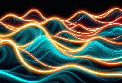 The primary subject of the image is a blue and yellow ocean wave. The setting is a dark background, which contrasts with the bright colors of the wave. The visual style is a digital art or illustration, creating a dynamic and vibrant scene. The dominant colors are blue and yellow, giving the image a lively and energetic atmosphere.