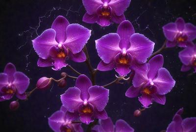 The primary subject of the image is a bouquet of purple orchids. The orchids are arranged in a vase, creating a beautiful and colorful display. The setting is a dark room, which adds a dramatic and moody atmosphere to the scene. The visual style of the image is a close-up of the orchids, showcasing their intricate details and vibrant colors. The dominant colors in the image are purple and dark, creating a sense of elegance and sophistication.