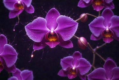 Purple orchid with yellow center, surrounded by other purple orchids.