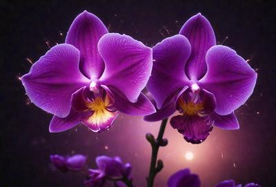 The primary subject of the image is a pair of purple orchids. They are the main focus of the image, and they are displayed in a vase. The setting is a dark room, which creates a moody atmosphere. The visual style of the image is a digital art, as it appears to be a painting or drawing of the orchids. The colors and mood of the image are predominantly purple, creating a sense of elegance and sophistication.