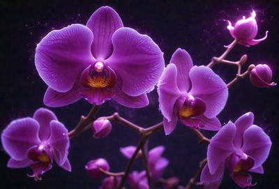 The primary subject of the image is a purple orchid flower. The setting is a dark room, and the visual style appears to be a digital art or illustration. The dominant colors are purple and pink, creating a calm and serene atmosphere.