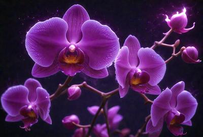 The primary subject of the image is a purple orchid flower. The setting is a dark room, and the visual style appears to be a digital art or illustration. The dominant colors are purple and pink, creating a calm and serene atmosphere.