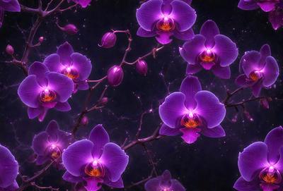 The primary subject of the image is a group of purple orchids. The setting is a dark background, which creates a dramatic and moody atmosphere. The visual style is a combination of photo and digital art, as the orchids are depicted in a realistic manner while the background is digitally created. The colors and mood of the image are predominantly purple, which adds to the overall ambiance of the scene.