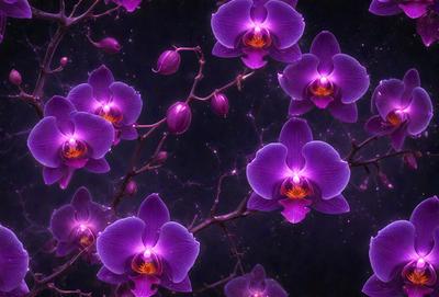The primary subject of the image is a group of purple orchids. The setting is a dark background, which creates a dramatic and moody atmosphere. The visual style is a combination of photo and digital art, as the orchids are depicted in a realistic manner while the background is digitally created. The colors and mood of the image are predominantly purple, which adds to the overall ambiance of the scene.