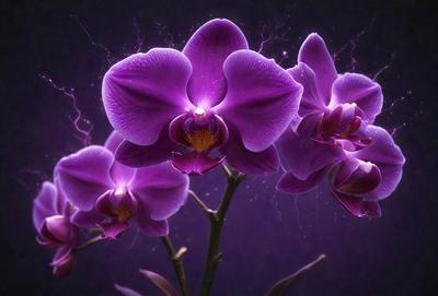 The primary subject of the image is a bouquet of purple orchids. The orchids are arranged in a vase, and they are the main focus of the image. The setting is a dark room, which adds a dramatic and moody atmosphere to the scene. The visual style of the image is a close-up of the orchids, showcasing their details and beauty. The colors of the orchids are predominantly purple, creating a striking and elegant appearance.