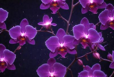 The primary subject of the image is a purple orchid flower. The setting is a dark background, which highlights the flower's vibrant color. The visual style is a close-up of the flower, showcasing its details. The colors and mood of the image are predominantly purple, creating a serene and elegant atmosphere.