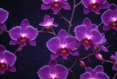 The primary subject of the image is a purple orchid flower. The setting is a dark background, which contrasts with the vibrant purple color of the flower. The visual style is a close-up of the flower, showcasing its details. The colors and mood of the image are predominantly purple, creating a serene and elegant atmosphere.