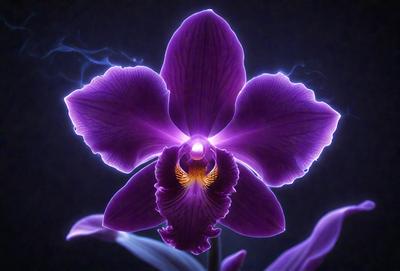 Purple orchid flower with a yellow center, sitting on a purple background.