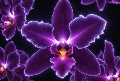 The primary subject of the image is a purple orchid flower. The setting is a dark background, which creates a dramatic and moody atmosphere. The visual style is a close-up of the flower, showcasing its intricate details. The colors and mood of the image are predominantly purple, with the orchid standing out as the focal point.