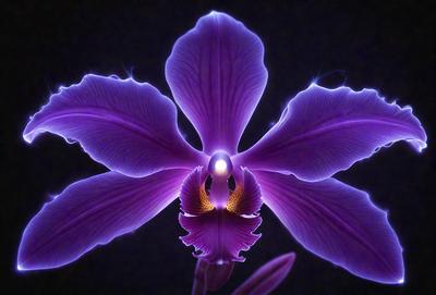 Purple orchid flower with a yellow center, sitting on a purple background.