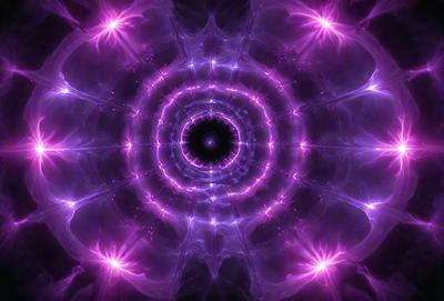 The primary subject of the image is a purple, pink, and white spiral pattern. The setting is a purple background, and the visual style appears to be a digital art or illustration. The colors and mood of the image are predominantly purple and pink, creating a vibrant and visually appealing atmosphere.
