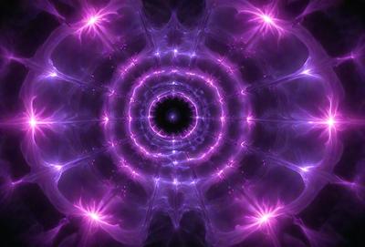 The primary subject of the image is a purple, pink, and white spiral pattern. The setting is a purple background, and the visual style appears to be a digital art or illustration. The colors and mood of the image are predominantly purple and pink, creating a vibrant and visually appealing atmosphere.