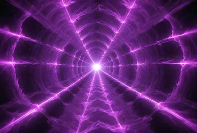 The primary subject of the image is a purple tunnel with a bright light at the end. The tunnel appears to be a part of a larger structure, possibly a space station or a futuristic setting. The visual style of the image is a combination of digital art and illustration, creating a unique and captivating atmosphere. The dominant colors in the image are purple and pink, which contribute to the overall mood of the scene.