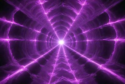 The primary subject of the image is a purple tunnel with a bright light at the end. The tunnel appears to be a part of a larger structure, possibly a space station or a futuristic setting. The visual style of the image is a combination of digital art and illustration, creating a unique and captivating atmosphere. The dominant colors in the image are purple and pink, which contribute to the overall mood of the scene.
