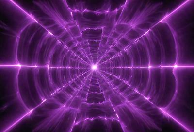 The primary subject of the image is a purple tunnel or wormhole, which appears to be a digital art or illustration. The setting is a purple background, and the visual style gives the impression of a futuristic or surreal environment. The dominant colors in the image are purple and pink, creating a unique and captivating atmosphere.
