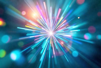 The primary subject of the image is a bright, colorful light source, possibly a lightning bolt or a laser beam, emanating from a central point. The light source is surrounded by a blue background, which adds to the vibrant and energetic atmosphere of the scene. The visual style of the image is a combination of photo and digital art, creating a dynamic and eye-catching display. The colors and mood of the image are predominantly blue and energetic, with the light source serving as