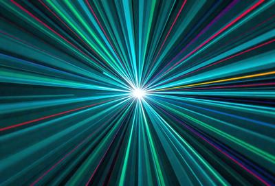 The primary subject of the image is a bright, colorful light source, possibly a light bulb or a laser beam, emanating from a central point. The light source is surrounded by a vibrant, colorful background, which adds to the overall visual appeal of the image. The setting appears to be a futuristic or space-themed environment, with the light source creating a sense of movement and energy. The visual style of the image is a combination of digital art and illustration, with the light source and background